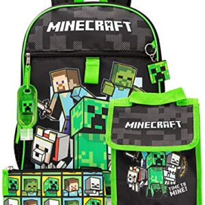 Mochila y fiambrera de Minecraft con diseño de personajes y colores verde y negro.