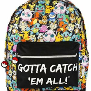 Mochila escolar con diseño de Pokémon multicolor y bolsillo frontal con texto "Gotta Catch 'Em All!".