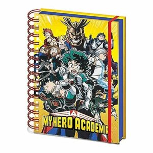 Cuaderno A5 de espiral multicolor con personajes de My Hero Academia en la portada.