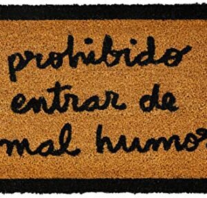 Felpudo de yute marrón con borde negro y mensaje "prohibido entrar de mal humor".