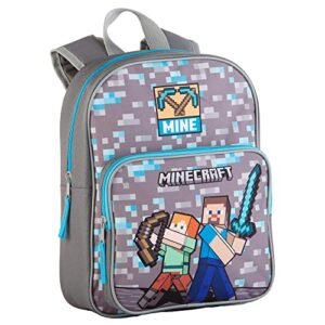 Mochila preescolar de Minecraft con personajes y herramientas pixeladas.