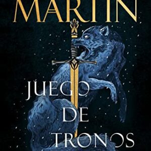 Portada de "Juego de Tronos" de George R.R. Martin con un lobo y una espada.