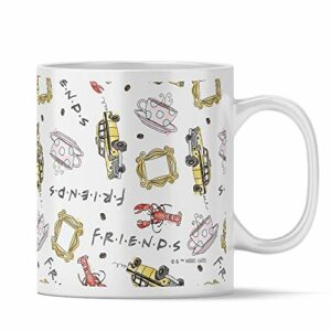 Taza de cerámica blanca con dibujos coloridos y detalles icónicos de la serie Friends.