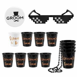 Set de vasos de chupito negros y blanco con gafas y cadena, ideal para despedidas de soltero.