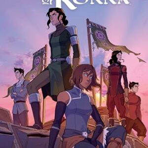 "Portada del libro 'The Legend of Korra: Ruins of the Empire' con personajes en poses heroicas."