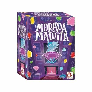 Caja del juego de mesa "La Morada Maldita" con ilustración de un fantasma y gemas coloridas alrededor.