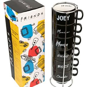 Juego de 6 tazas de café negras con nombres de personajes de Friends y soporte metálico.