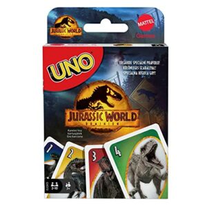 Caja del juego de cartas UNO edición Jurassic World 3 de Mattel, con diseño de dinosaurios.