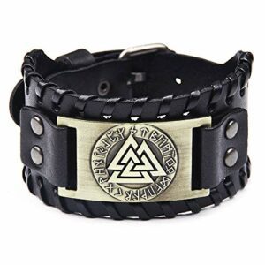 Pulsera de cuero negro con diseño de Totem Odin y detalles metálicos.