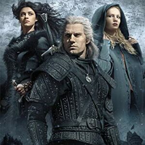 Póster de la serie The Witcher con tres personajes principales en un paisaje nevado.