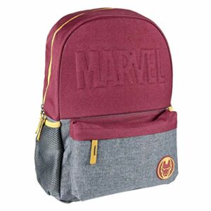 Mochila roja y gris de Iron Man con logo Marvel.