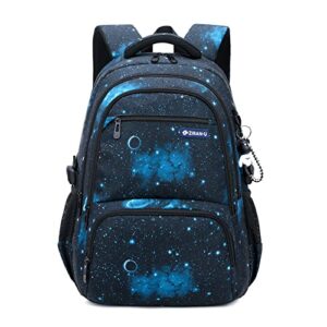 Mochila escolar azul con diseño de galaxia y múltiples compartimentos.