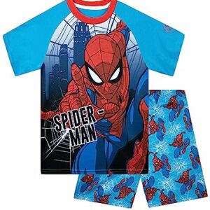 Pijama corto de Spider-Man para niños, con diseño colorido y dibujo grande de Spiderman.