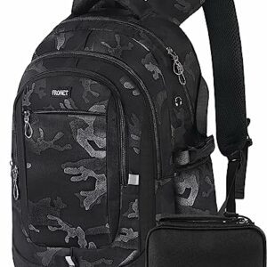 Mochila escolar negra FRONET con estampado camuflaje y bolsillo adicional.