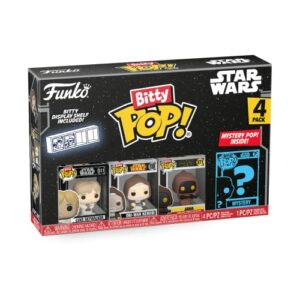 Caja de coleccionables Funko Bitty Pop! de Star Wars con figuras de Luke Skywalker, Obi-Wan Kenobi, un Jawa y una figura misteriosa.