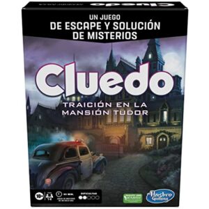 Caja del juego de mesa "Cluedo: Traición en la mansión Tudor" de Hasbro Gaming con ilustración de una mansión oscura y un coche antiguo.