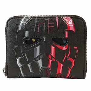 Monedero negro con diseño de casco de Tie Fighter de Star Wars, detalles en rojo y cremallera.