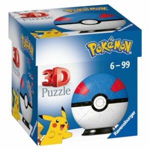 Puzzle 3D esférico de Pokémon con diseño de Superball azul y 54 piezas.