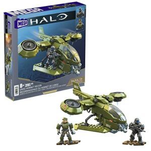 Set de construcción Halo con nave verde y figuras de acción.