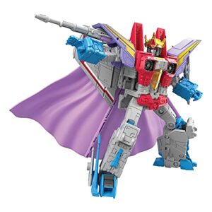 Figura de acción de Starscream con capa púrpura y corona dorada, de los Transformers.