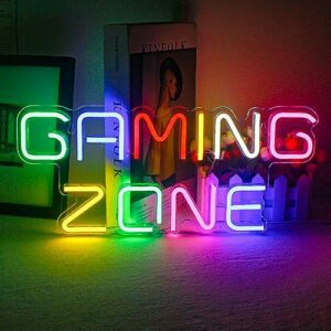 Letrero de neón multicolor "Gaming Zone" iluminado.