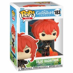 Funko Pop de Diluc Ragnvindr de Genshin Impact, con cabello rojo y espada.