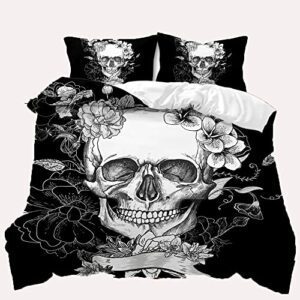 Juego de cama TULTOAP con diseño 3D de calavera y flores en tonos blanco y negro.