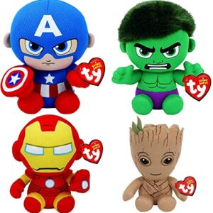 Set de 4 peluches de superhéroes Marvel: Capitán América, Hulk, Iron Man y Groot.