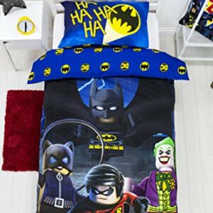 Funda de edredón individual reversible de Batman Lego con personajes de DC en tonalidades azules.