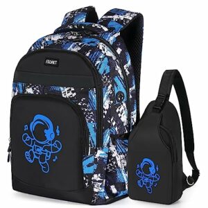 Mochila escolar azul con estampado abstracto y figura de astronauta, incluye bolso pequeño.