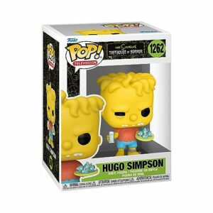 Muñeco Funko Pop! de Hugo Simpson de Los Simpsons, con cabello amarillo y atuendo azul, sosteniendo una bandeja con pescado.