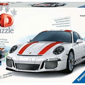 Puzzle 3D de un Porsche 911 blanco y rojo, 108 piezas.