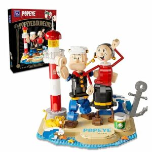 Figura de bloques de construcción de Popeye y Olivia junto a un faro, de la marca BRICKKK.