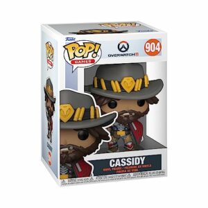 Figura Funko Pop! de Cassidy de Overwatch 2 con sombrero gris y accesorio amarillo.