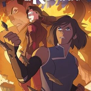 Portada del cómic "The Legend of Korra: Turf Wars Part Two" con Korra en primer plano y personajes de fondo entre llamas.