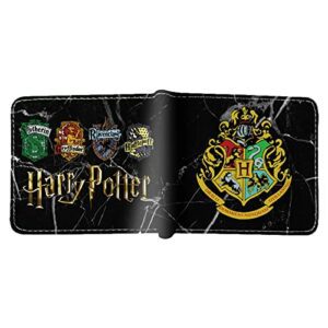 Cartera infantil de cuero con diseño de Harry Potter y escudos de las casas de Hogwarts.