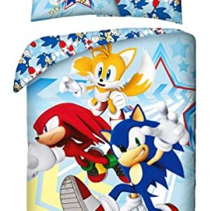 Juego de cama infantil de personajes de Sonic, Tails y Knuckles en colores vivos.