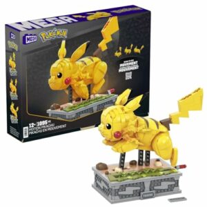 Figura de construcción de Pikachu en movimiento con 1095 bloques, recomendado para mayores de 12 años.