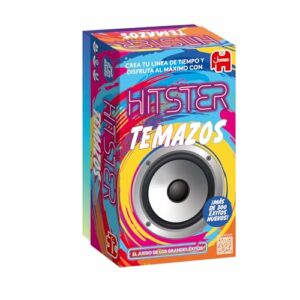 Caja de juego de cartas Hitster Temazos de Jumbo con diseño colorido y altavoz en el centro.