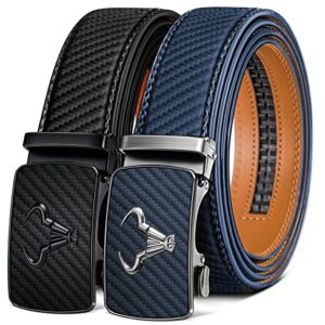 Dos cinturones de cuero para hombre BULLIANT con hebilla automática, uno negro y otro azul violáceo.