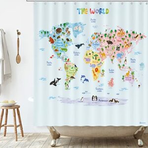 Cortina de ducha infantil con mapa mundial de animales colorido y educativo.