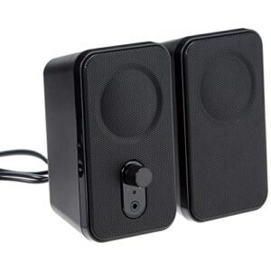 Altavoces negros compactos de Amazon Basics para ordenador, con mando de control frontal.