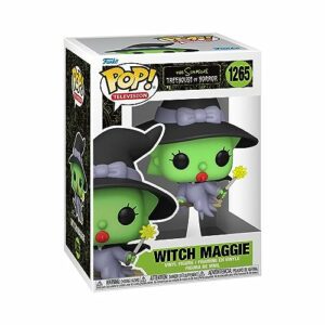 Funko Pop de Maggie Simpson disfrazada de bruja con piel verde y sombrero negro.