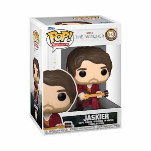 Funko Pop! de Jaskier de la serie The Witcher, con guitarra y traje rojo.