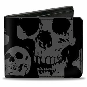 Cartera plegable para hombre con diseño de calaveras en tonos oscuros.