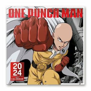 Calendario de pared 2024 con temática de One Punch Man mostrando al personaje principal en acción.