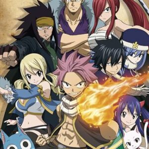 Póster de Fairy Tail con personajes principales en una pose dinámica.