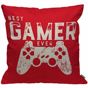 Cojín rojo con un diseño de mando de videojuegos y el texto "Best Gamer Ever".