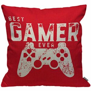 Cojín rojo con diseño de mando y texto "Best Gamer Ever".