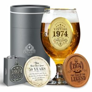 Vaso de cerveza personalizado de 1974 con accesorios y caja de regalo de CROWNLY CRYSTAL.